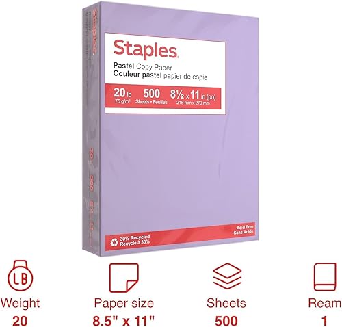 Miniatura 2 de Staples 678826 Pastel Colored Copy Paper 8 12-Inch X 11-Inch Lilac 500Ream (14782)