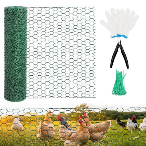 Grillage à Poule Galvanisé - Grillage Lapin Exterieur Filet de Fil de volaille revêtu de PVC avec Gants, avec Gants, Pince-Coupe et Attaches (0.4 * 10M)