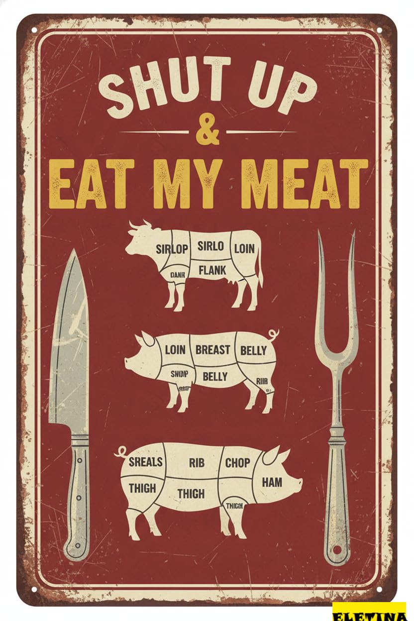 Vintage Metal Tin Sign for Bbq Cow Pig Chicken Meat Wall Decor Bar Pub Kitchen Diningroom Restaurant Aluminium S Decoration Funny Sayings Retro Art Poster Durable Plaque Decorative 8x12 Inch