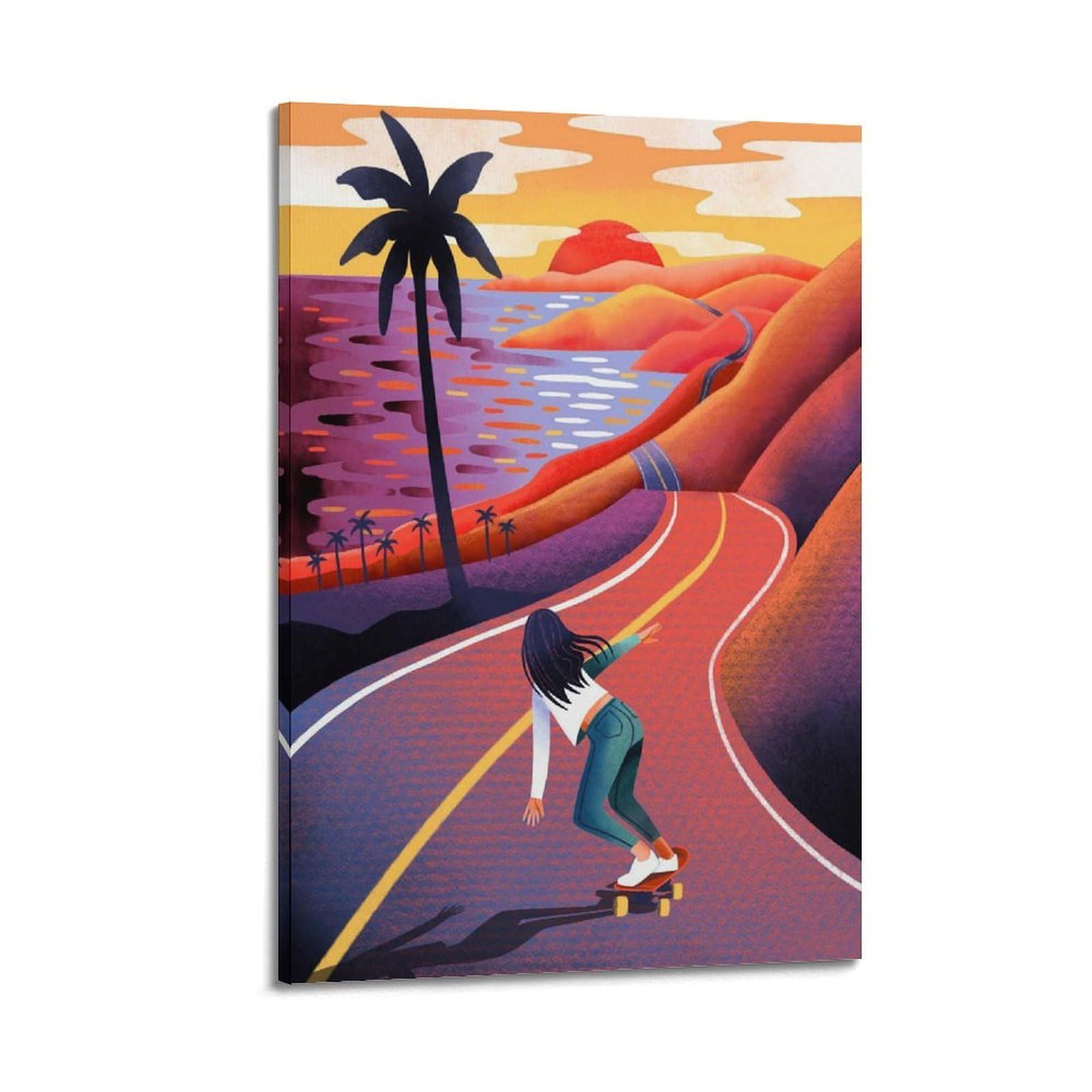 XKUGA Sunset Coastal Travel Poster Vintage Palm Trees Skateboard Modern Decorative Canvas Prints - Ideal Wall Art for Family, Man Cave, Game Room, Boys & Girls Bedroom 20x30inch(50x75cm)