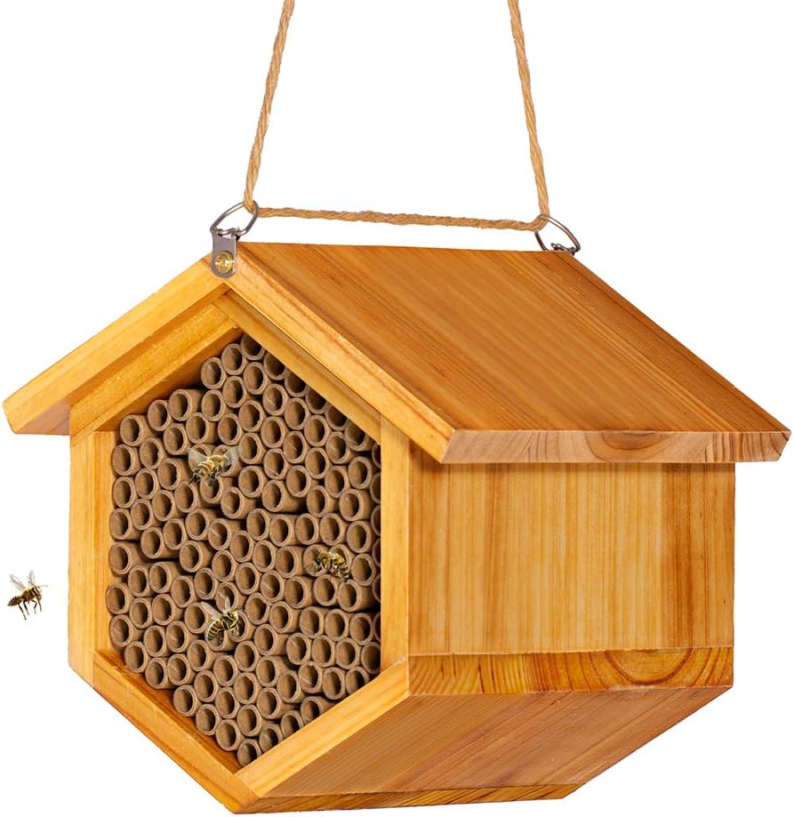 Mason Bee House Wax Coated Bee Hotel, Pollinator House Waterproof, Natural Handmade Wooden Mason Bee Hotel for Pollinating Bees Garden Supplies