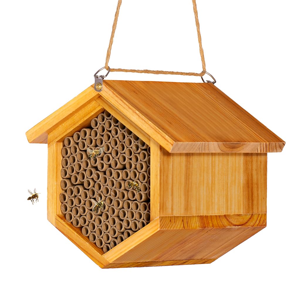 POLLIBEE Mason Bee House - Handmade Natural Wooden Bee Hive Coated with Wax for Water-Proof and Long Service Life - Attracts Peaceful Mason Bees to Enhance Your Garden's Productivity