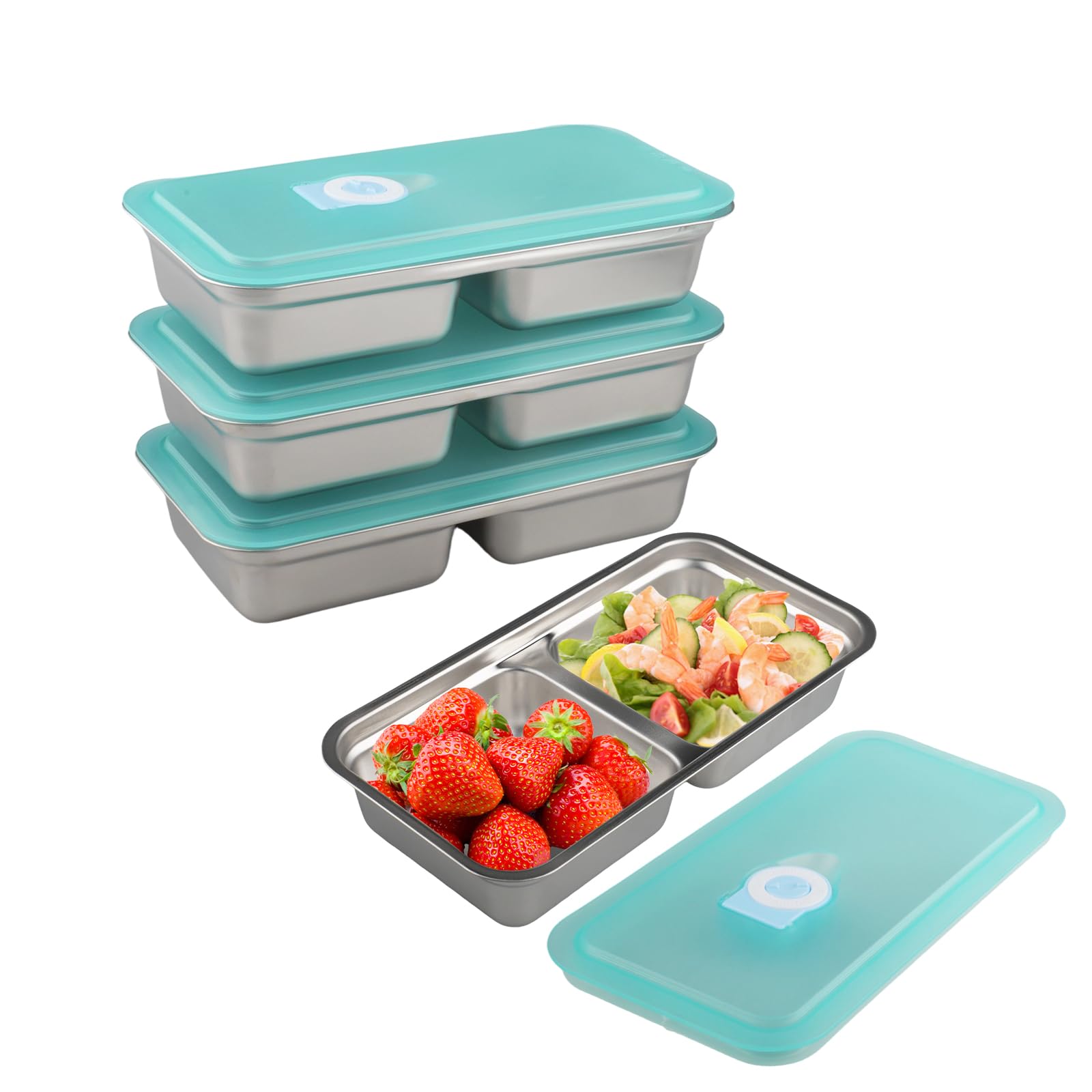WakiHong 4 Pcs 2 Compartments Stainless Steel Bento Box Bento Snack Containers with Leakproof Lids Three Divided Small Lunch Box,for Kids Adults,Microwave & Dishwasher Safe Bento Box