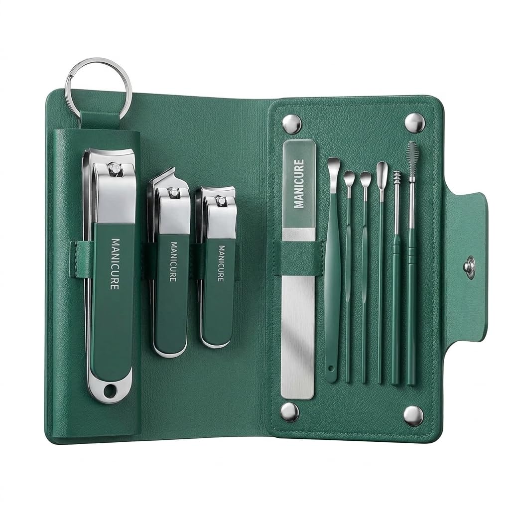 10-in-1 Manicure Kit for Men & Women, Stainless Steel Nail Clipper Set with Large & Small Clippers, Cuticle Remover, Nail File, Tweezers, Ear Pick Tools in Compact Travel Case, Green-image-10