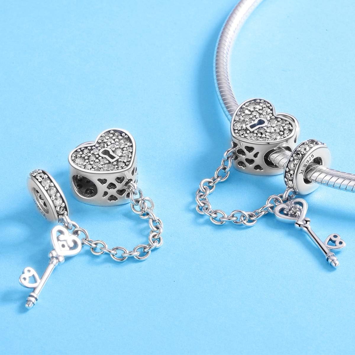 WOSTU 925 Sterling Silver Exquisite Charms Pink Love Heart Bead Charm for Bracelets The Key of Heart Charms Beads for Women Girls… - Image 4