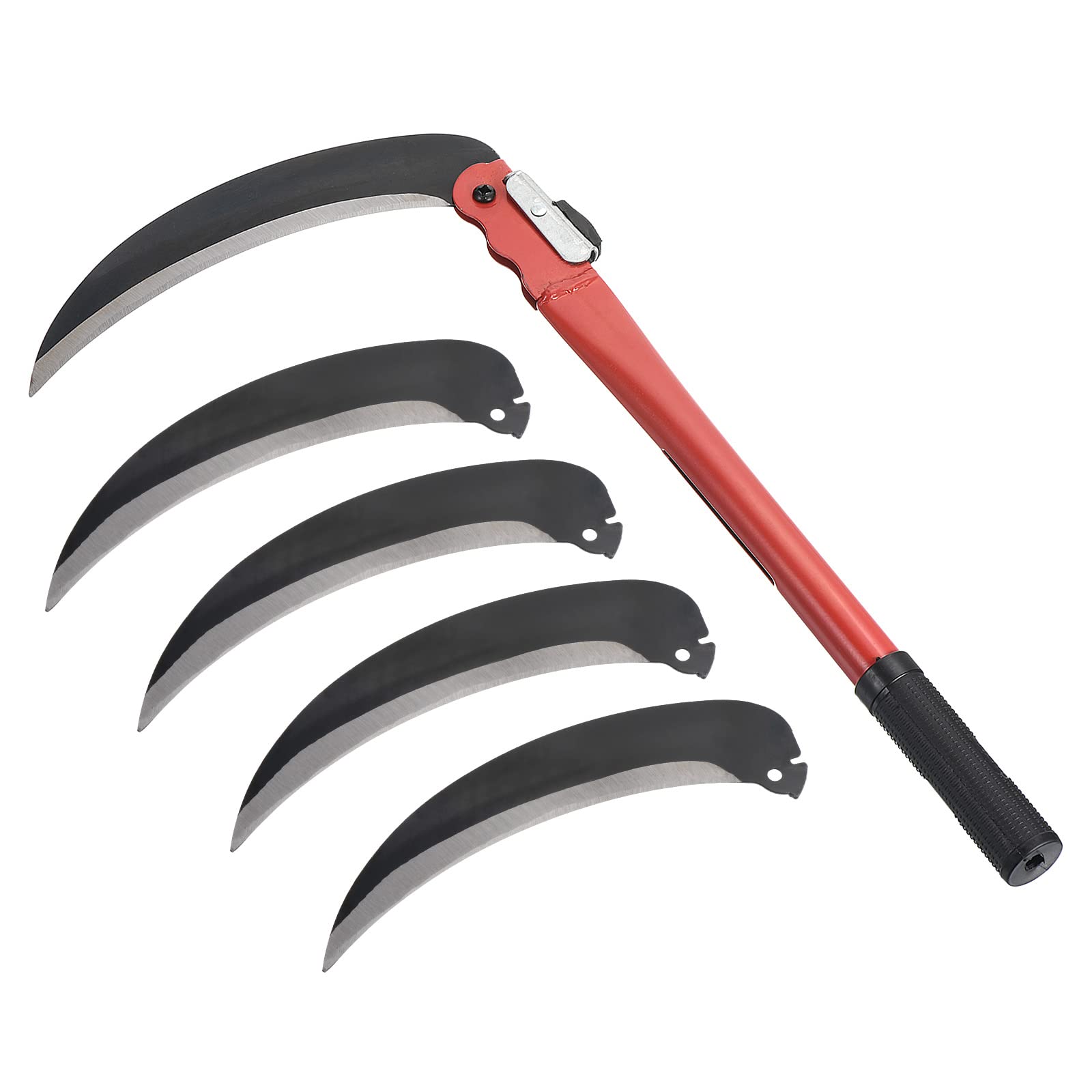 PATIKIL 17 Inch Folding Harvest Sickle, Carbon Steel Blade Weed Remover Scythe Grafting Knife Brush Cutter with 4Pcs Spare Blade for Farming