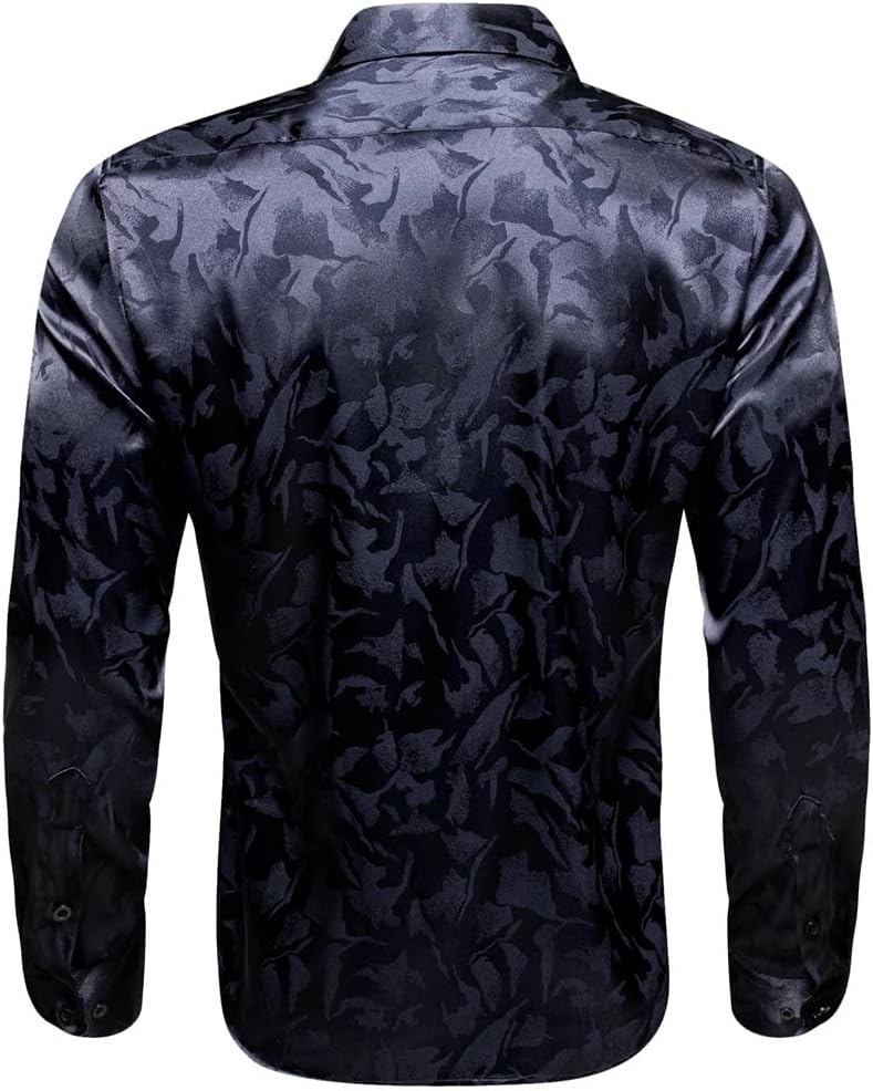 Men Silk Satin Embroidered Long Sleeve Flower Male Blouses Casual Lapel Tops Breathable