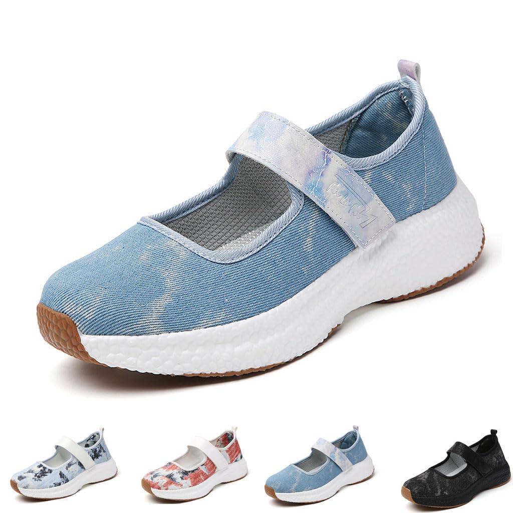 Scarpe da ginnastica Mary Jane da donna in denim con cinturino, eleganti ballerine Mary Jane con punta larga, casual, per tennis, viaggi, vacanze, attività all'aperto