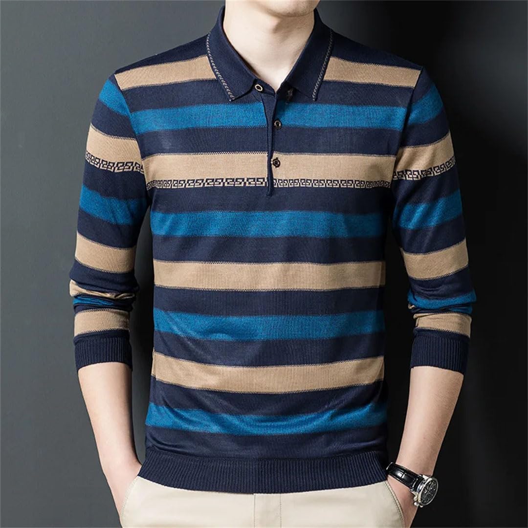 Camiseta polo de manga larga con botones a rayas para hombre, para negocios, ajustada, holgada