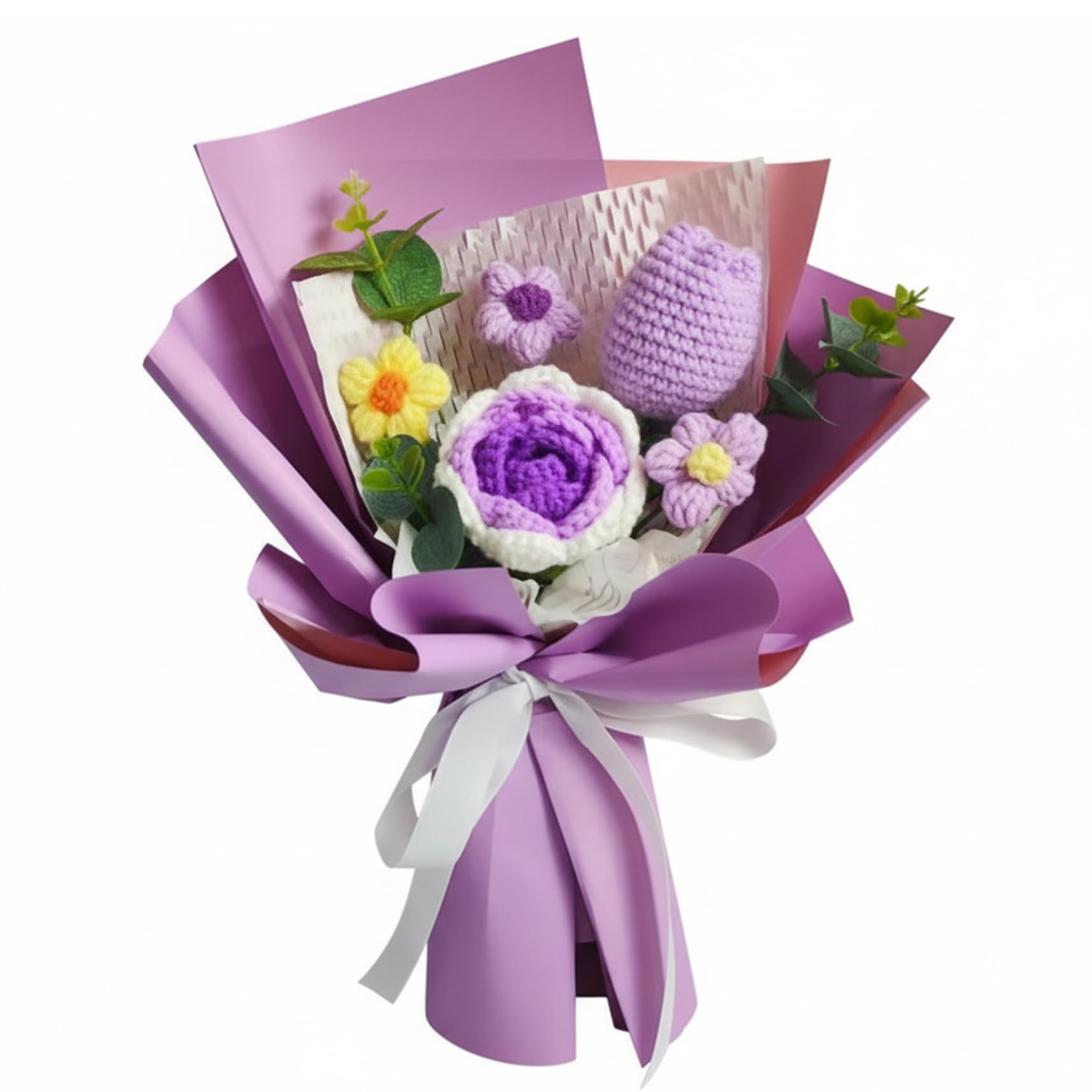 AwnsIMfreien Crochet Flower Bouquet - Realistic Hand-Knitted Sunflower & Tulips, Crochet Flowers for Mother's Day, Home Decor, Ready-to-favor with Clear Window Bag, Purple, Bouquet of Flowers