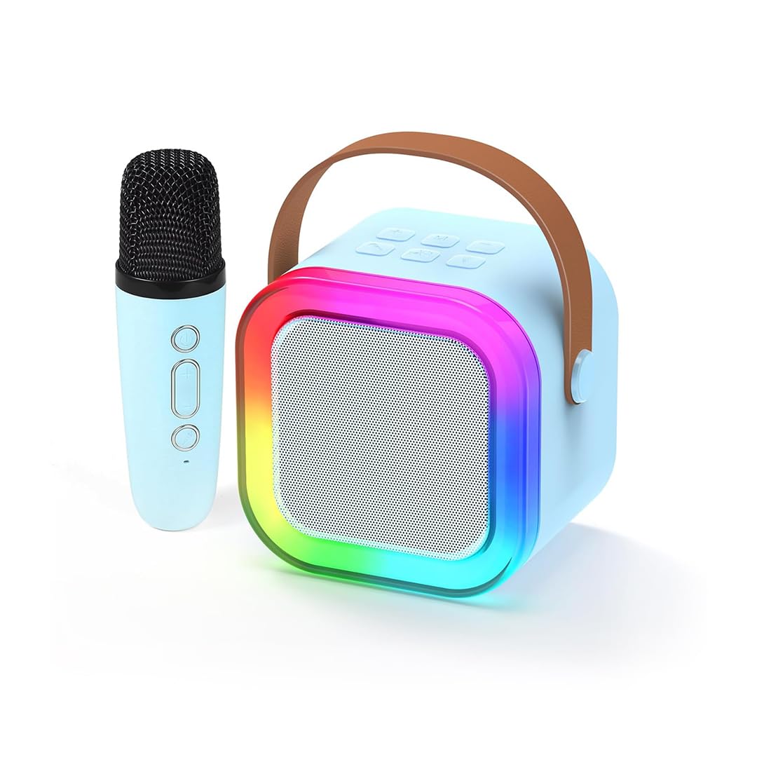 Kidsmate Mini Karaoke Machine with Wireless Mic for Kids | Portable Bluetooth, USB Connectivity Speaker with LED Lights & Music | Fun Singing Toy for Girls & Boys 4-12 Years | Set of 1 -Blue