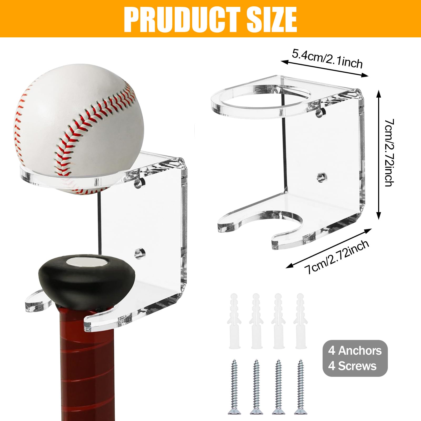 Lot de 2 supports muraux pour rangement de batte de baseball en acrylique - Organisateur d'équipements de sport pour présenter des raquettes et des balles à la maison ou au stade de baseball