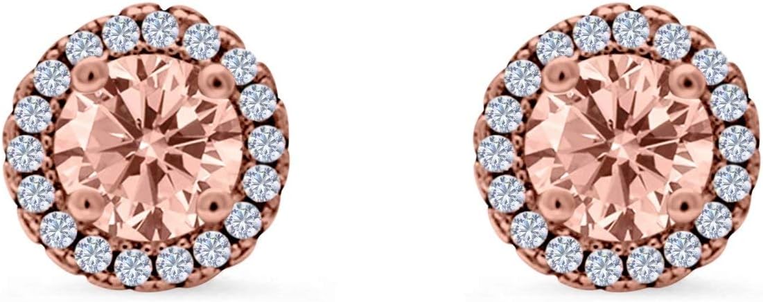 Blue Apple Co. Rose Tone, Simulated Morganite CZ Halo Wedding Stud Earrings Round 925 Sterling Silver