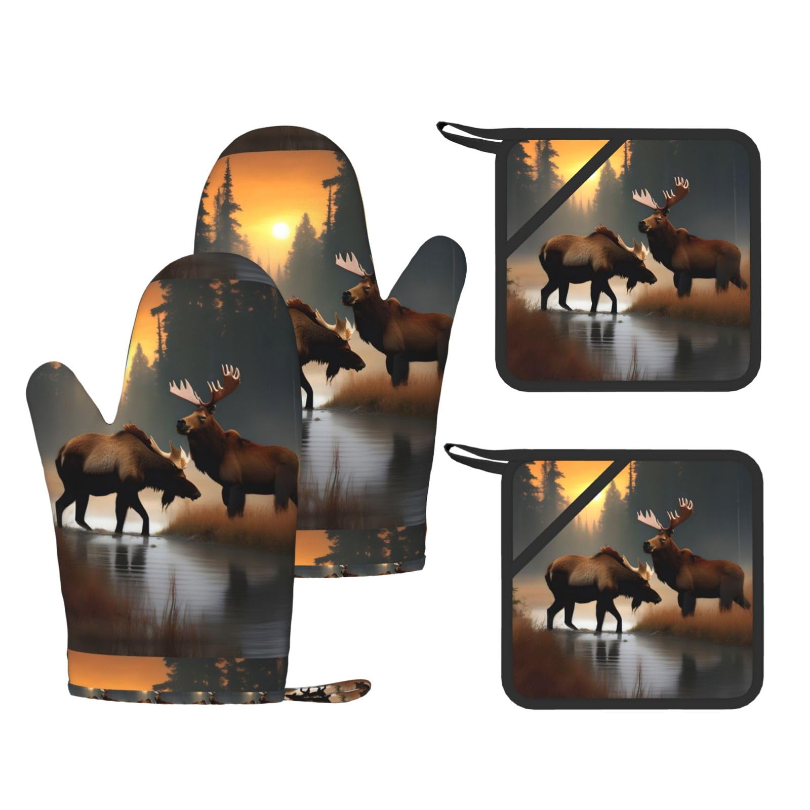 Deer Bear Moose Print Kitchen Heat Resistant Set,Cooking Kit With Hanging Loop For Baking & Bbq
