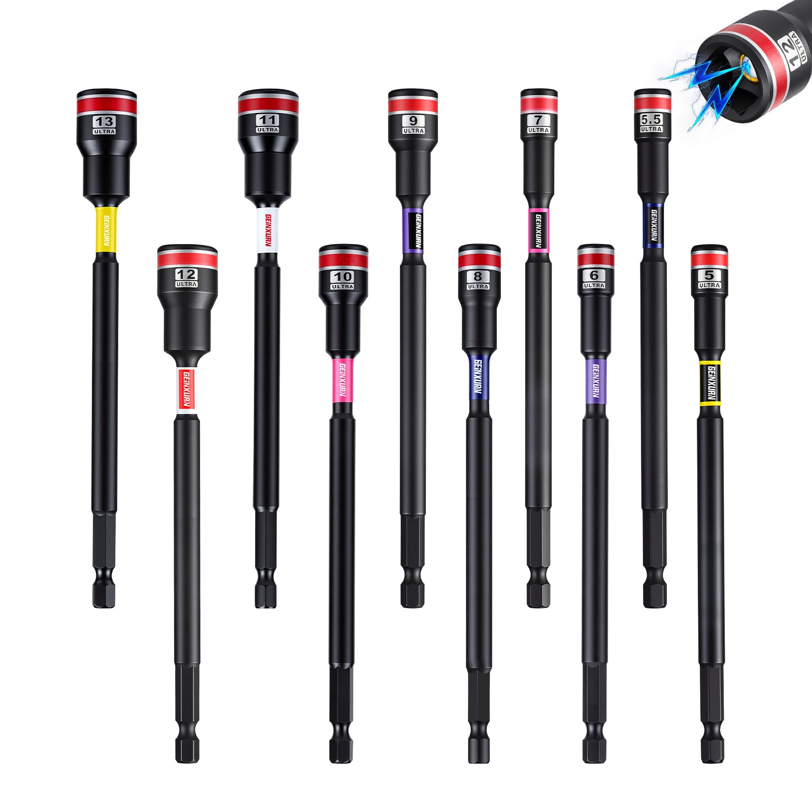 Geinxurn Impact Nut Driver Set, 10 Pieces 150mm Long Metric 5mm, 5.5mm, 6mm, 7mm, 8mm, 9mm, 10mm, 11mm, 12mm, 13mm Magnetic 1/4 Hex Shank Nut Setter Drill Driver Bits Cr-v Quick Change Socket