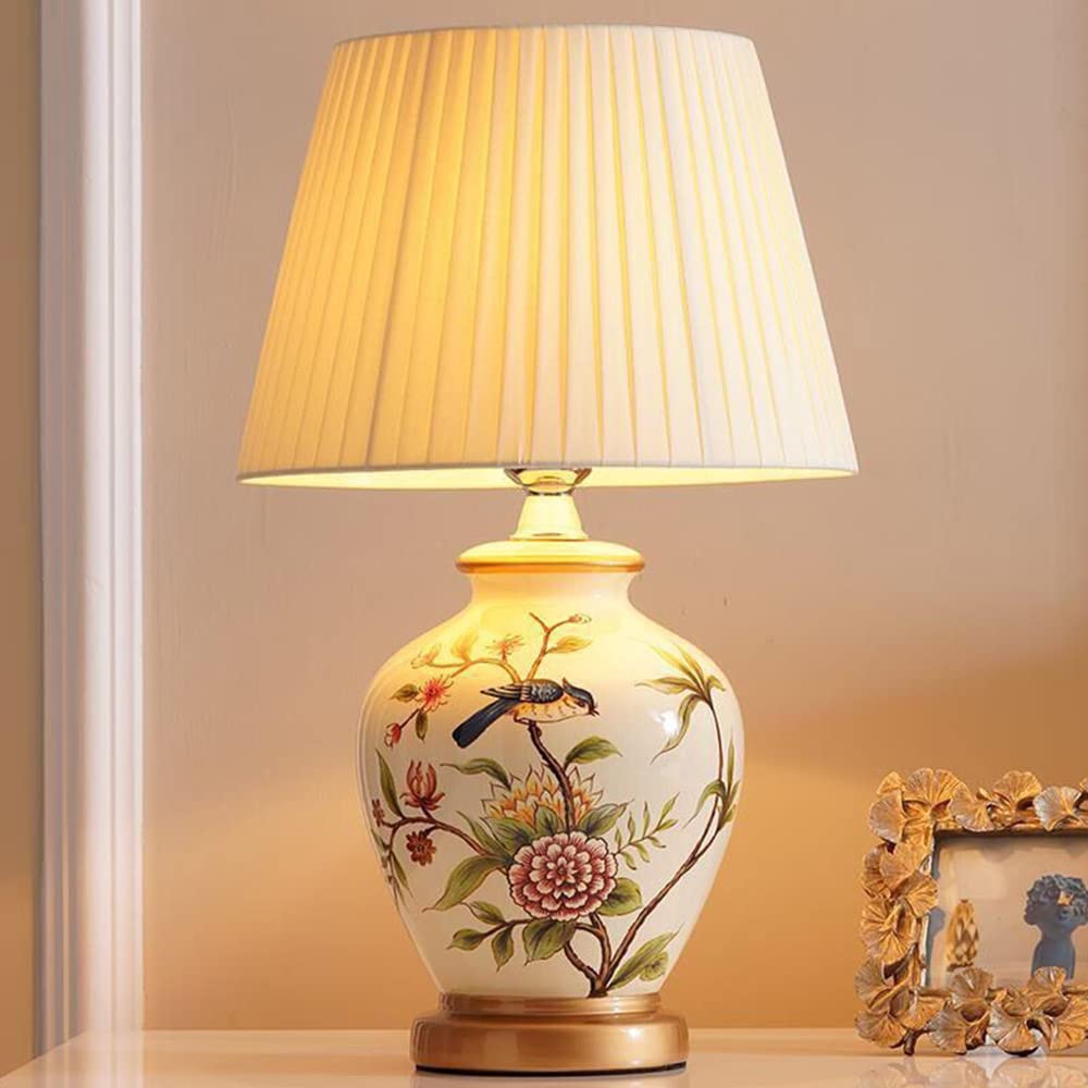 Mengjay Lampada da tavolo salotto lampada Vintage,Ceramica Lampada da scrivania,Luce da Scrivania in Tessuto Bianco,E27 Lampada comodino per camera da letto, studio, comodino, scrivania (Bianco)