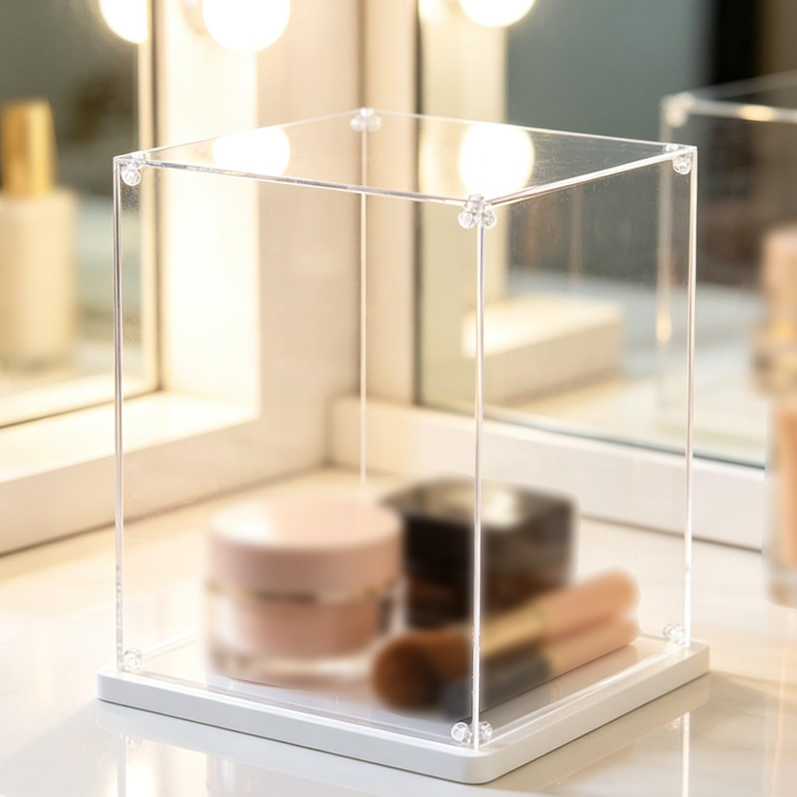 Clear Acrylic Display Case Stand, Sturdy Transparent Presentation Cabinet for Makeup/ Bouquet/ Collectibles, Dustproof Protection Showcase(White,8x8x12in/20x20x30cm)