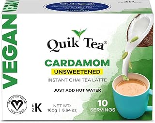 QuikTea Vegan Unsweetened Cardamom Chai Tea Latte - 10 Count Single Box - All Natural & Preservative Free Authentic Instant Chai