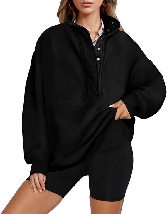 Oversized Sweatshirt for Women Fall Fashion Snap Buttons Stand Collar Pullover Tops Casual Long Sleeve Henley Outfits