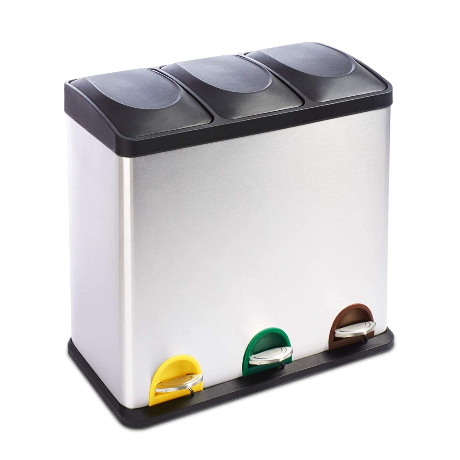 Floordirekt Mülleimer 2 oder 3 Fächer 24 L aus Edelstahl für Haushalt inkl. 15 Müllbeutel | Abfalleimer Mülltonnenbox 3er für Küche 3 Kammer je 18 Liter für Papier, Biomüll, Plastik