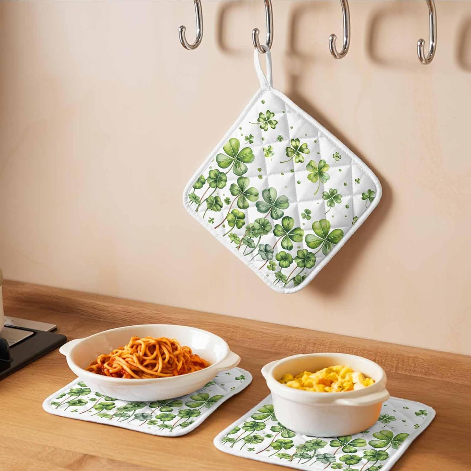 5 Pack Pot Holders for Kitchen, St. Patrick's Day Hot Pads for Kitchen Countertops Oven Pot Holder Bulk, Spring Sage Green Four Leaf Grass Heat Insulation Potholders with Hanging Loops