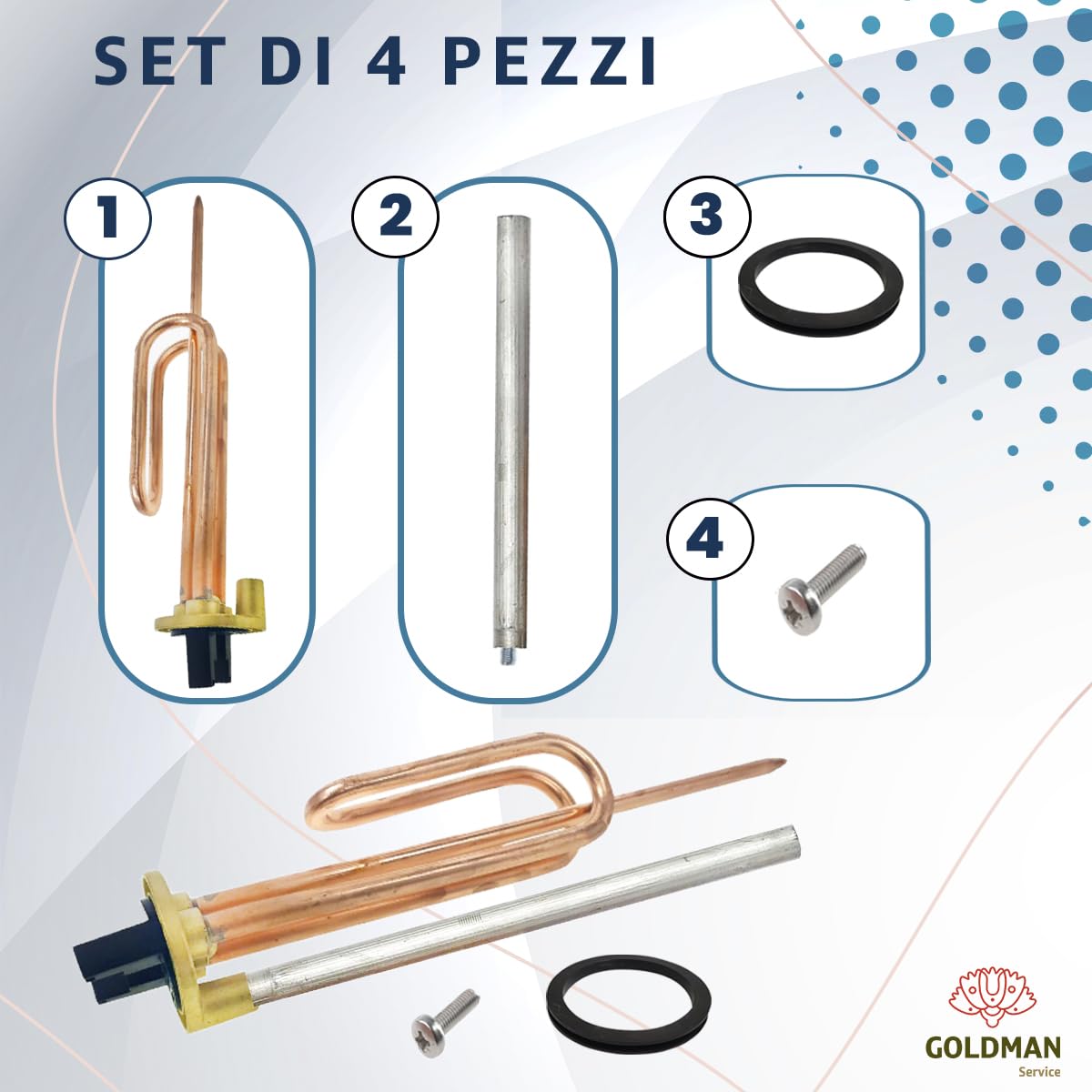 GOLDMAN SERVICE Resistenza termica elettrica flange 1500 W + anodo magnesio + guarnizione in gomma + vite fissaggio. Kit Ricambio scaldatore acqua compatibile con tutte le principali marche
