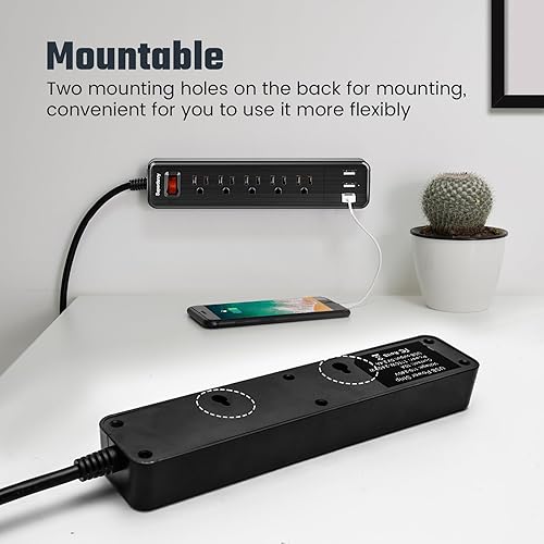 Miniatura 9 de SUPERDANNY Regleta de alimentación USB de 9.8 pies, protector de sobretensiones, cable de extensión de protección múltiple, 5 tomas de corriente, 3