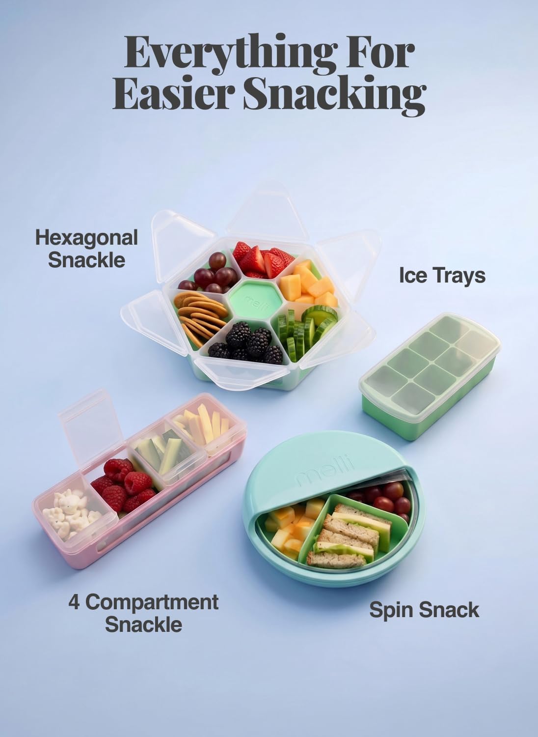 melii Mini Snackbox - 6 Fächer, unterteilter Snackbehälter, Lebensmittelaufbewahrung für Kinder und Erwachsene, herausnehmbare Trennwände, Kunst & Handwerk, Perlen, BPA-frei, Blau
