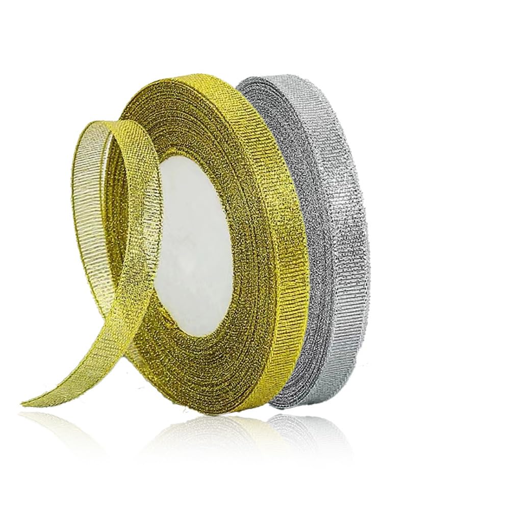 Christmas Ribbons 2 Rolls 50 Yards Metallic Glitter Fabric Holiday Festival Satin Ribbons 3/8 inch Wide for Christmas Gift Wrapping,Xmas Tree Decorations, DIY Crafts, Wreaths Bows