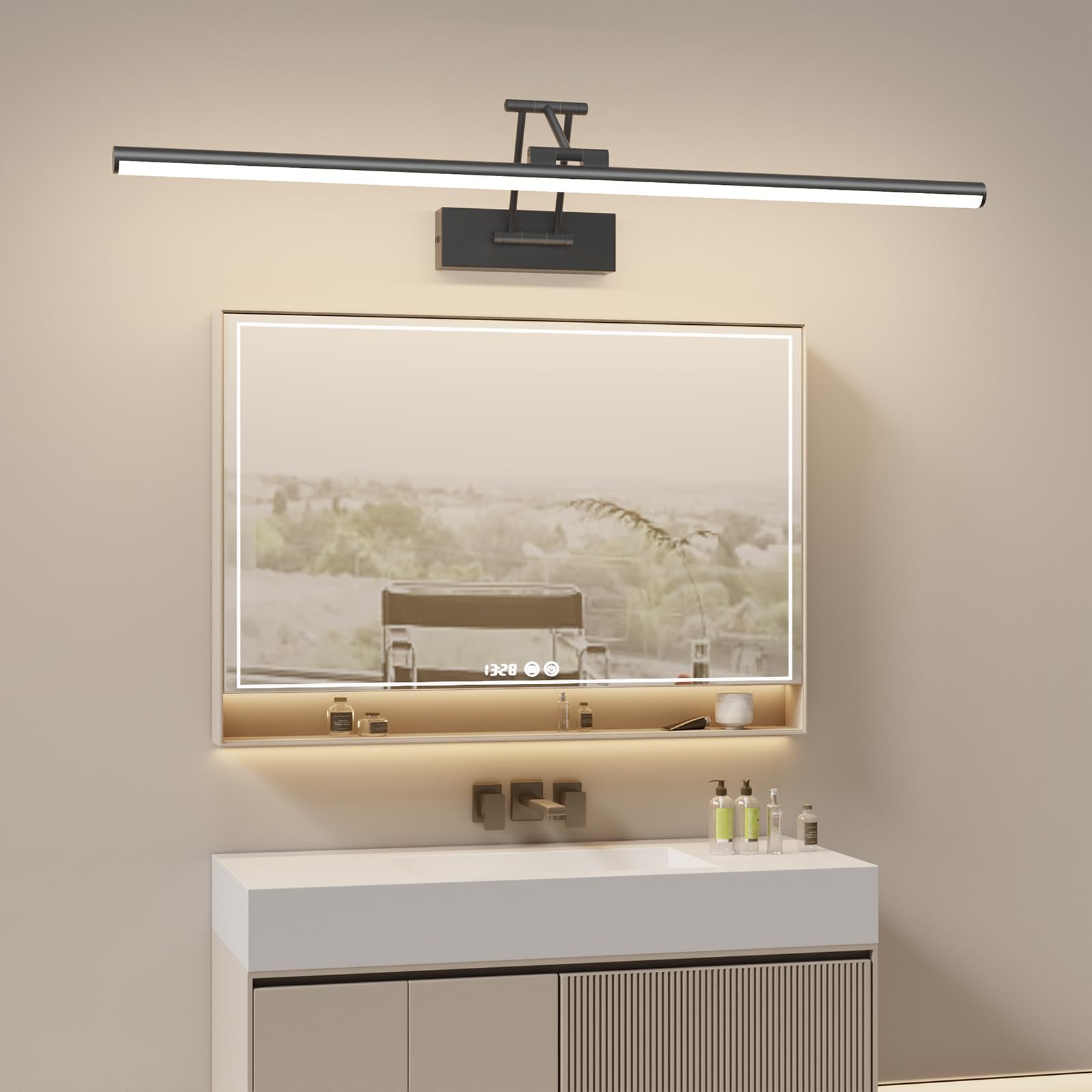 Klighten LED Lámpara de Espejo LED 70cm, Lámpara de Espejo 24W 1650 LM,Lamparas Espejo Giratorias para Baño IP44,Aplique de Espejo de Baño,Blanco neutro 4000K, Negro