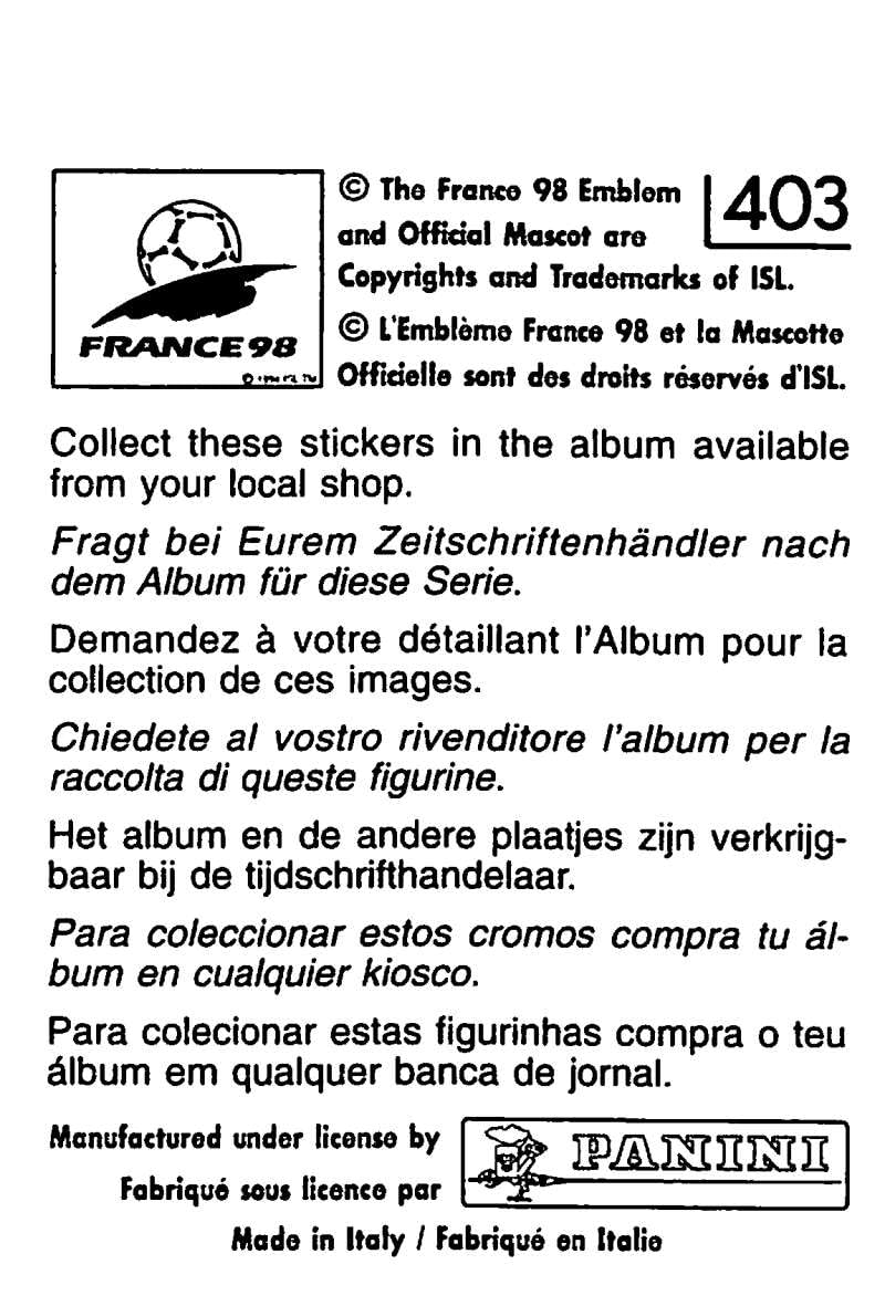Autocollant Panini Dejan Savicevic – Yougoslavie – Coupe Du Monde 98 (France 98) – Occasion