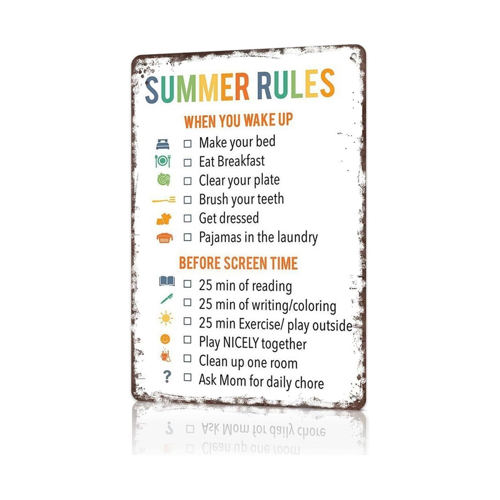 AUOQKQUT Daily Schedule Sign Summer Rules Chart Visual Planner Aluminum Tin Sign for Childrens Room Decor Colorful Chore Chart Family Organization 8 X 12 in