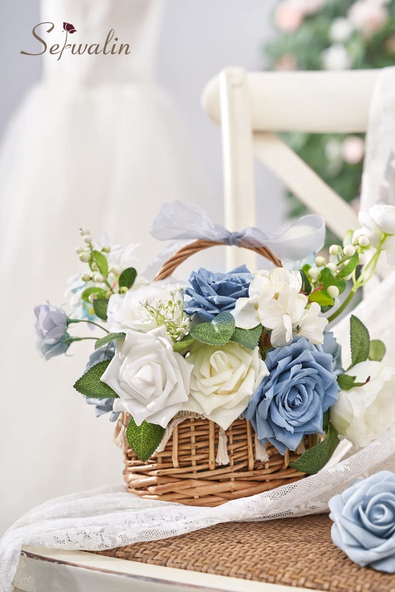 Serwalin Fiori artificiali per torta bouquet da sposa centrotavola per il giorno del Ringraziamento Peonia Rose Fiori di nozze Combo Fiori finti Boho per la (Blu&bianco)