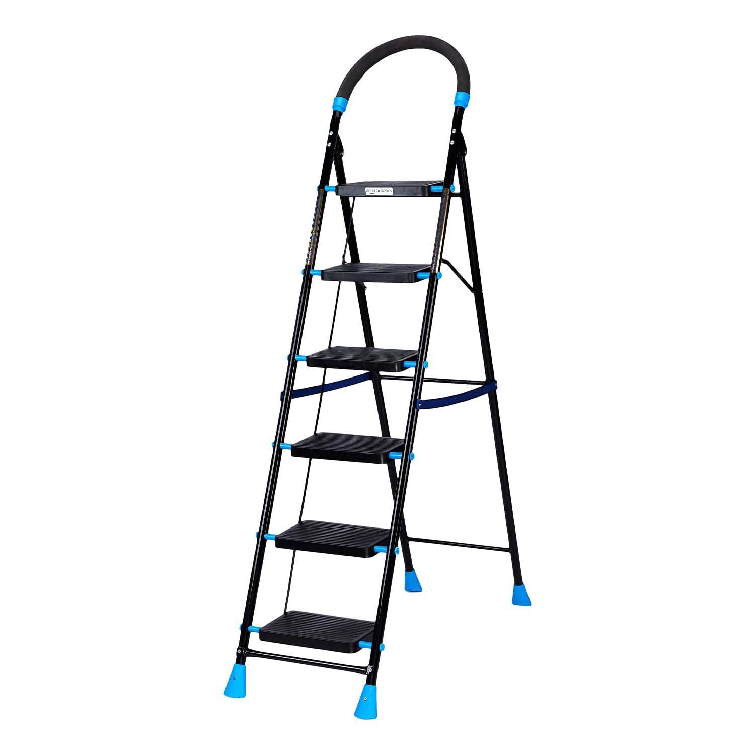 Amazon Basics Curvo-Foldable Step Ladder, Ribbed Steps, Knee Guard, Non-Marring PVC Shoes, 6 Steps (Black & Blue)