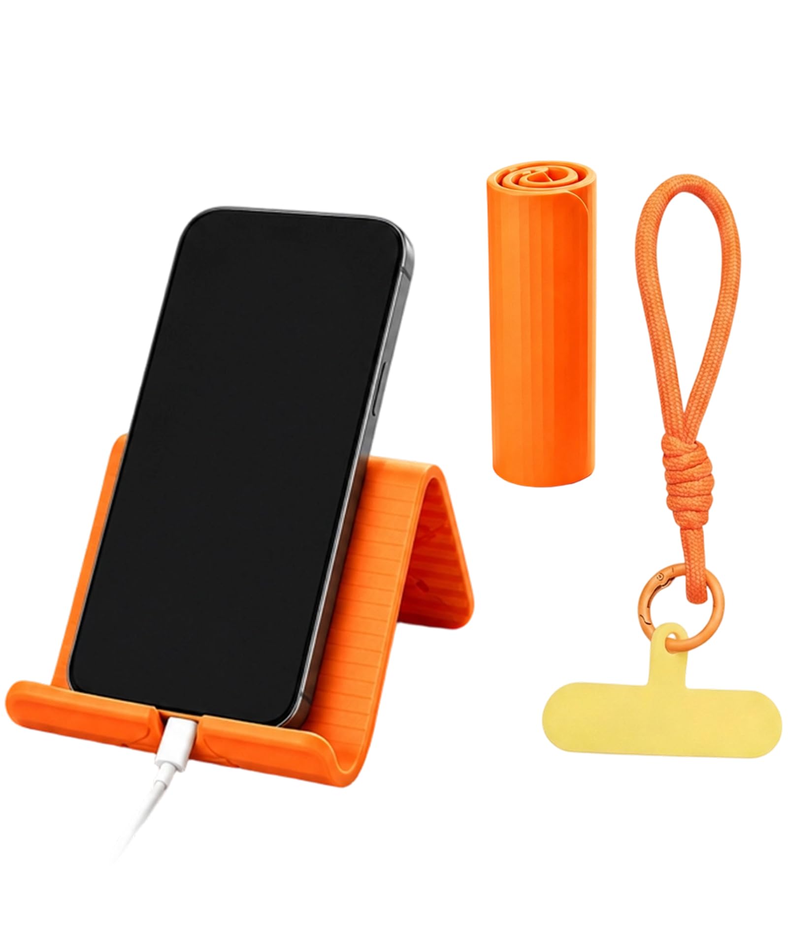 squishy Mobile Phone Stand,Flexible Mobile Stand.with Phone Lanyard and Tether Tab, Orange Foldable Phone Stand with Charging Port for Home Office and Trave-image-4