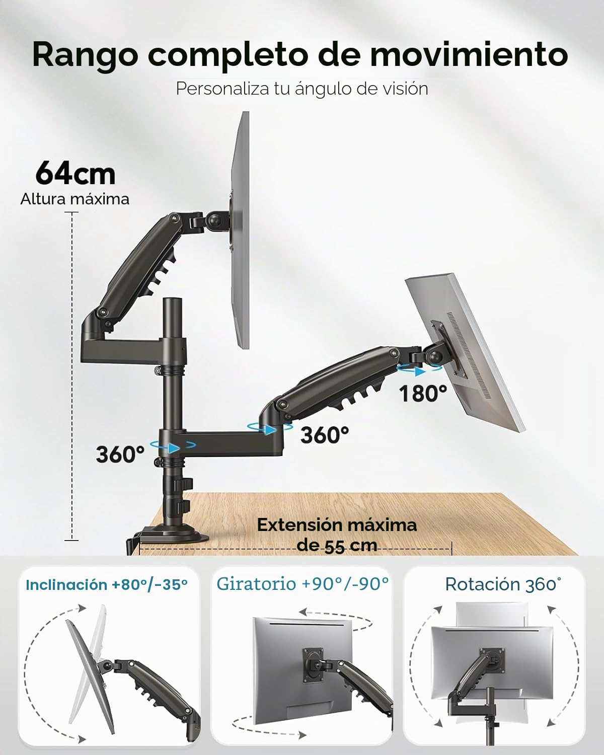 Huanuo - Soporte para Pantalla para PC, 2 Pantallas de 13 a 32 Pulgadas, Brazo para Pantalla de PC con Regulable en Altura, con Movimiento Completo, Soporte VESA 75 x 75/100 x 100 mm