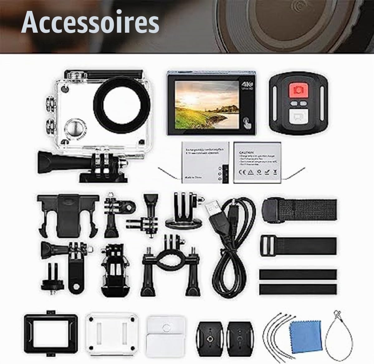 Action Camera WiFi 4K 20MP, Vue Réglable EIS, Étanche à 40m, Sport Télécommandée Avec Set d'Accessoires Pour Casque