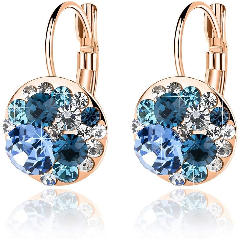 Multicolored Austrian Crystal Leverback Earrings for Women 14K Gold Plated Dangle Hoop Earrings Hypoallergenic Jewelry