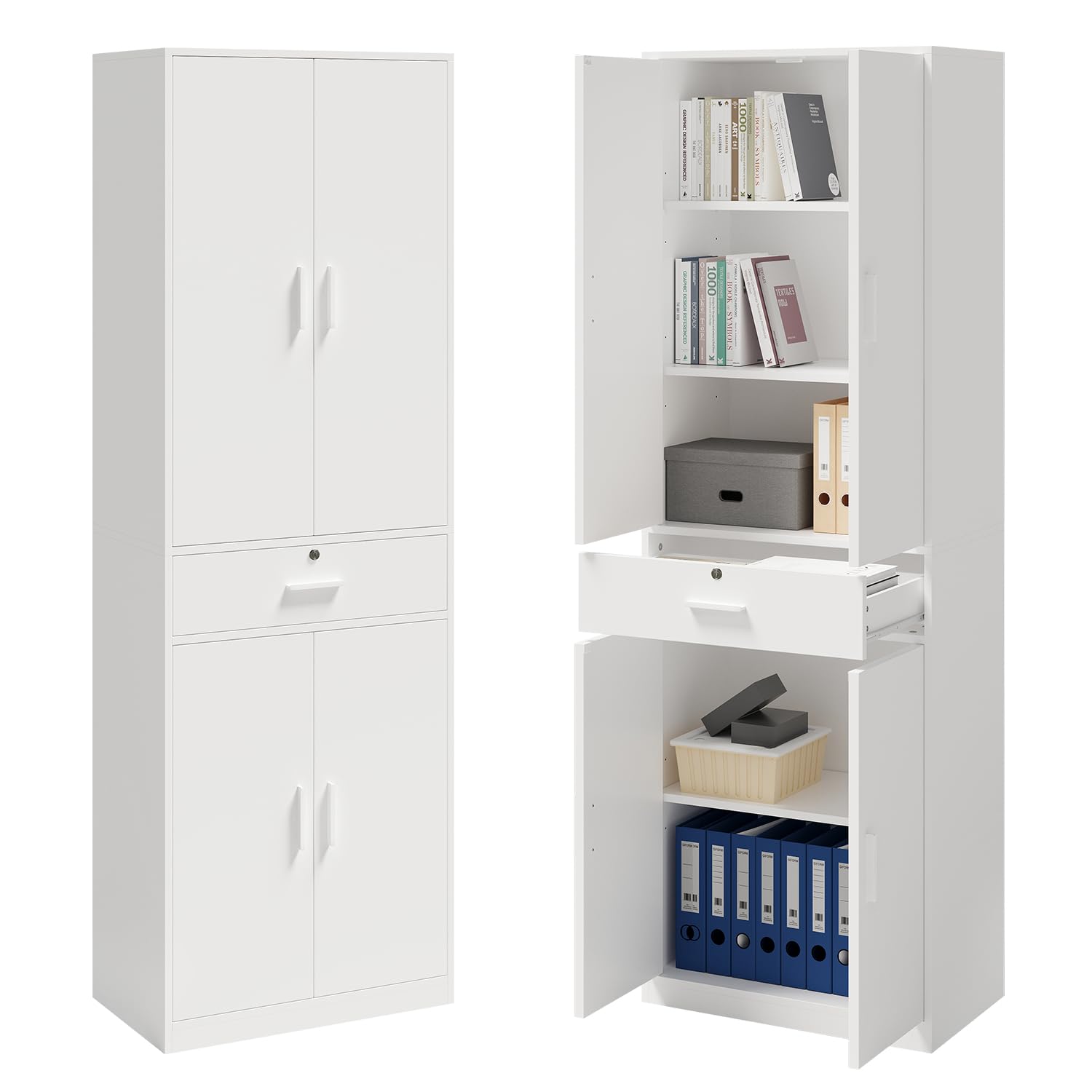 Mehrzweckschrank Büroschrank, Aktenschrank mit Schublade, Weiß | Schrank mit Schublade Türen，Kleiderschrank Küchenschrank Hochschrank，60x180x34 cm (BxHxT)