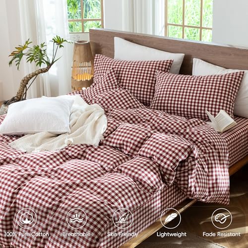Image of MooMee Gingham Duvet Cover Set 100% Washed Cotton Linen Like Queen | Relaxed Linen-like Texture. Soft, Breathable & Long-lasting Comfort. Lightweight. Hidden Zipper with 8 Interior Corner Ties