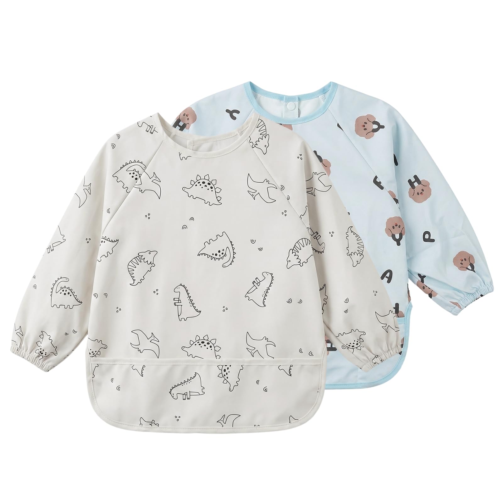 2 Piezas Babero con Mangas Impermeable, 42x37cm, Baberos Bebe 6-24 Meses de PU Lavable, Delantal Infantil con Bolsillo Grande y Cuello Elástico, para Alimentación y Pintura, Accesorios de Guardería