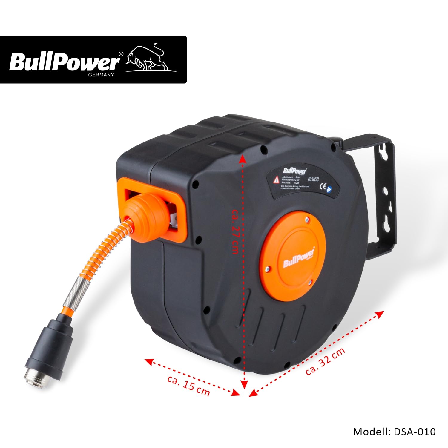 Druckluftschlauch Aufroller Druckluft Schlauchaufroller Schlauchtrommel mit Standard-Schnellkupplung NW 7,2-1/4 Zoll mit Wandhalterung und Automatik Auf- und Abrollfunktion - "DSA-010" - 10 Meter