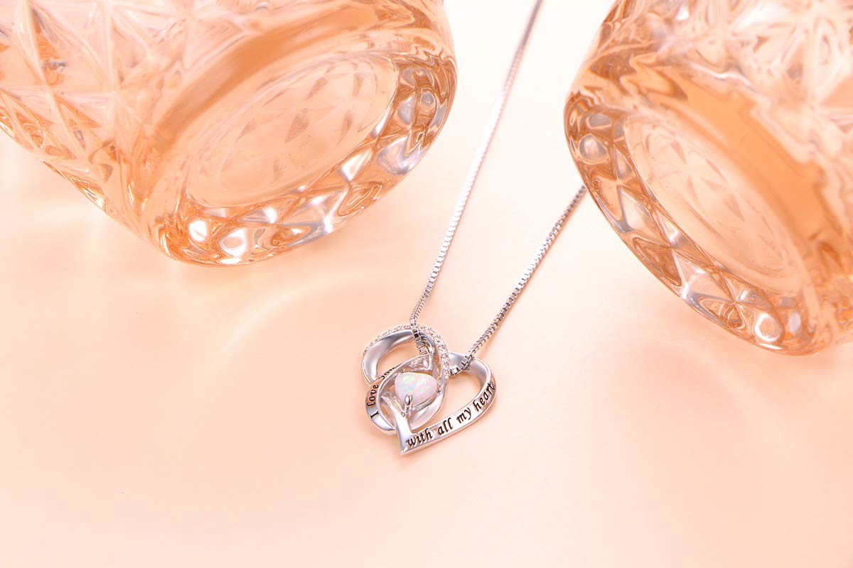 Flyow Ich Liebe Dich Erstellte Opal Halskette 925 Sterling Silber Herz Ketten Schmuck für Damen Frauen Mädchen Weihnachtsgeschenke