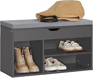 SoBuy Schuhbank mit Sitzfläche - Sitzbank mit Stauraum, 120 kg Belastbarkeit, 3 Fächer für Flur, Eingangsbereich und Wohnzimmer, abnehmbares Kissen, 80x46x30 cm, Grau FSR45-DG