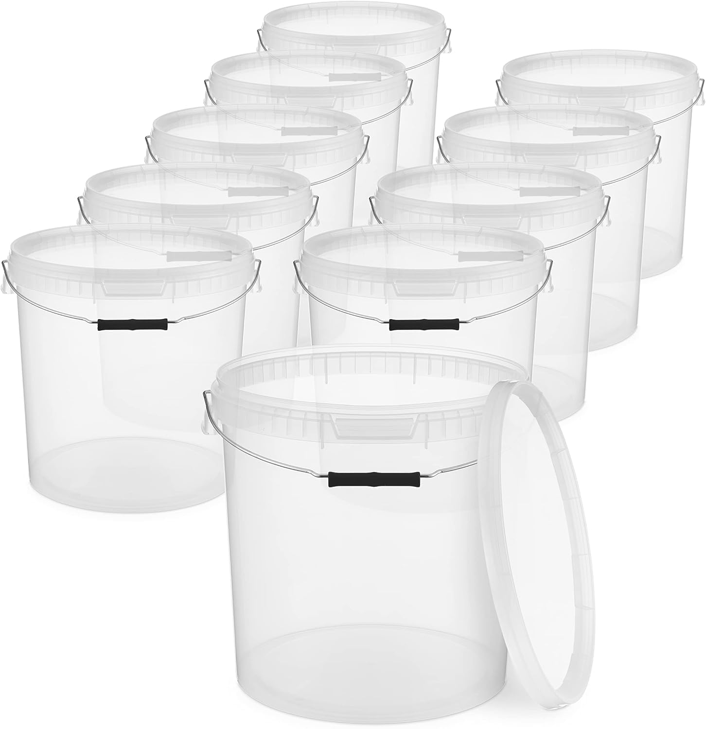 Benbow Transparent Bucket With Lid 20 L 10X 20 Litres - Food-Safe, Sturdy, Airtight, Leak-Proof - Plastic Storage Container, With Metal Handle - Empty