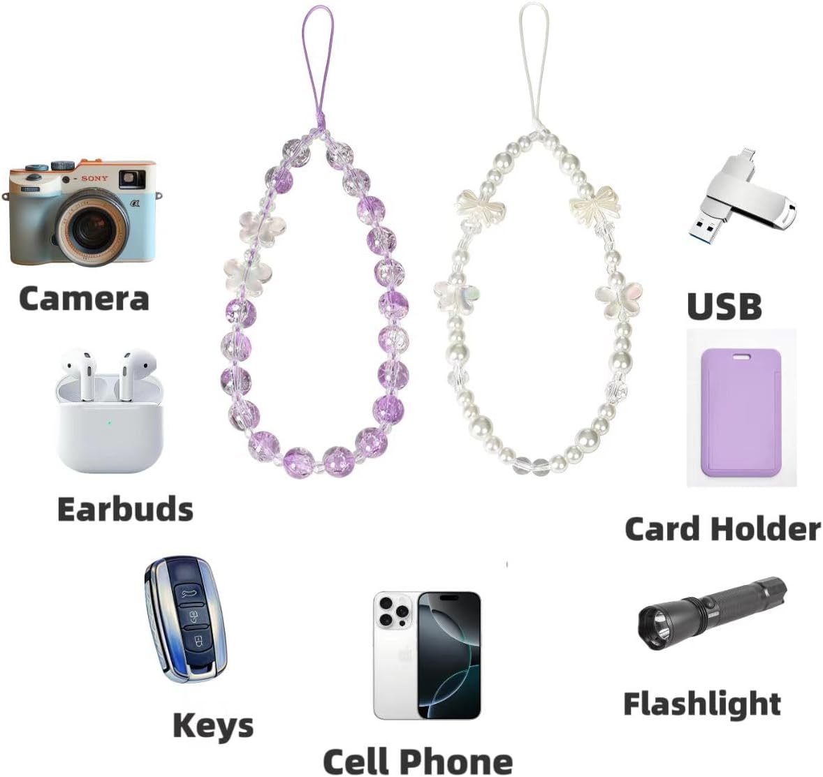 2PCS Handmade Beaded Phone Charm Strap, Crystal Butterfly Bow Pearl Phone Lanyard Wristlet Keychain for Women - Image 4