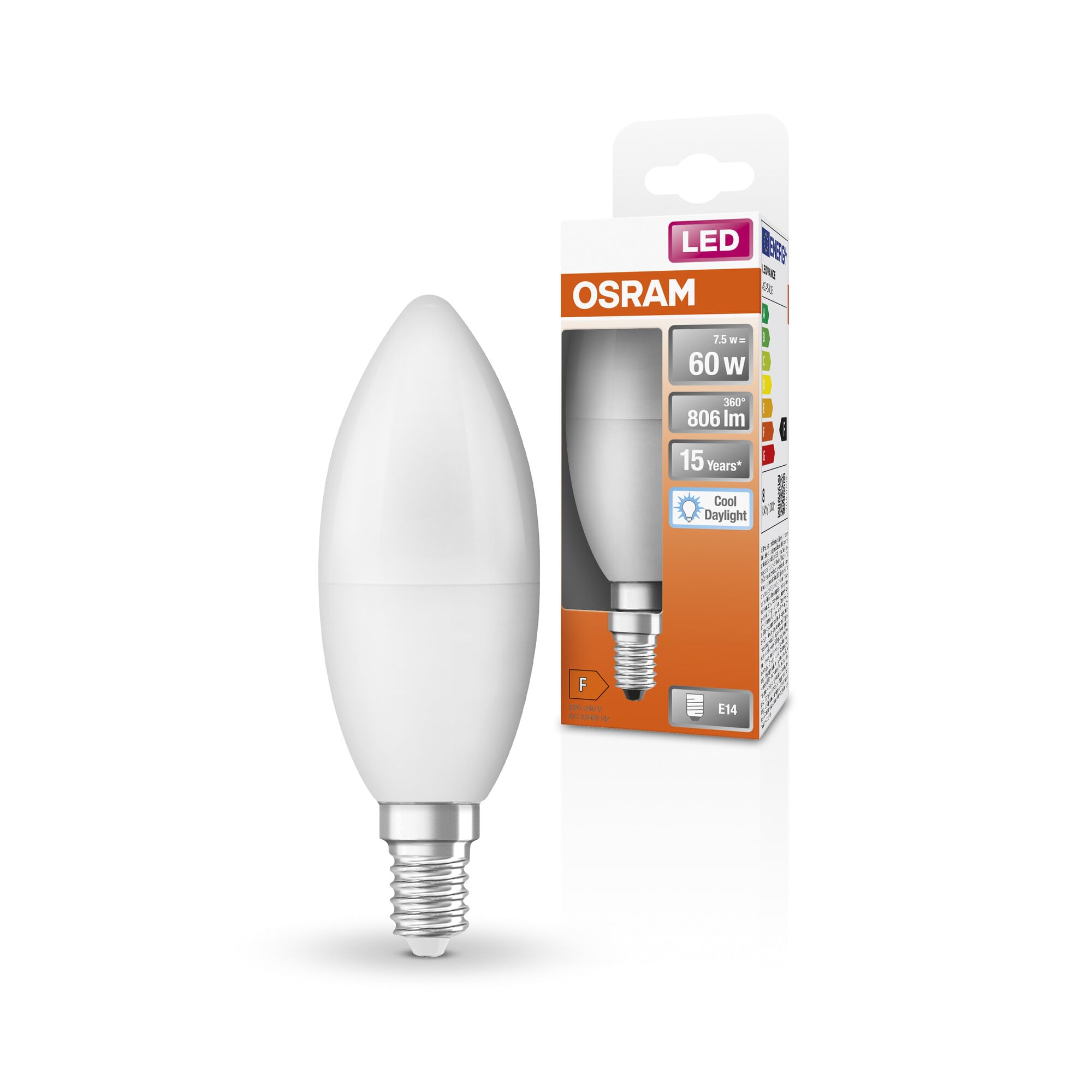 Osram LED Star Classic B60 LED lampe pour la base E14, forme de bougie, FR, 806 Lumen, Daylight White (6500K), remplacement des ampoules de 60W conventionnelles, non dimmables, 6 pack