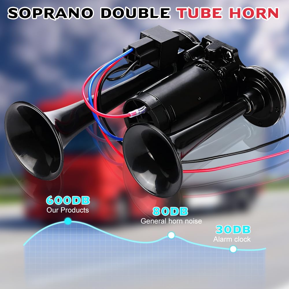LKW Hupe 12V Laut, 600DB Super Laut Air Horn Autohupe Train Horn, Doppelrohr Lufthorn Drucklufthorn mit Kompressor Kit für alle 12V Fahrzeuge LKW Lörries Züge Boote Cars Vans, Schwarz