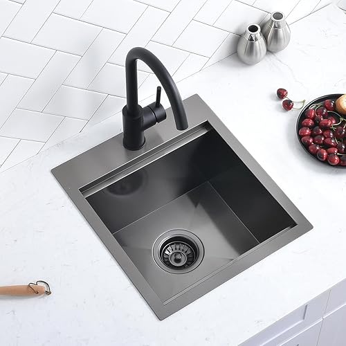 Miniatura 16 de Scamall SM021-1SBG - Fregadero de cocina de acero inoxidable negro de calibre 15, 15 x 15 x 9 pulgadas, fregadero de cocina pequeño con estación