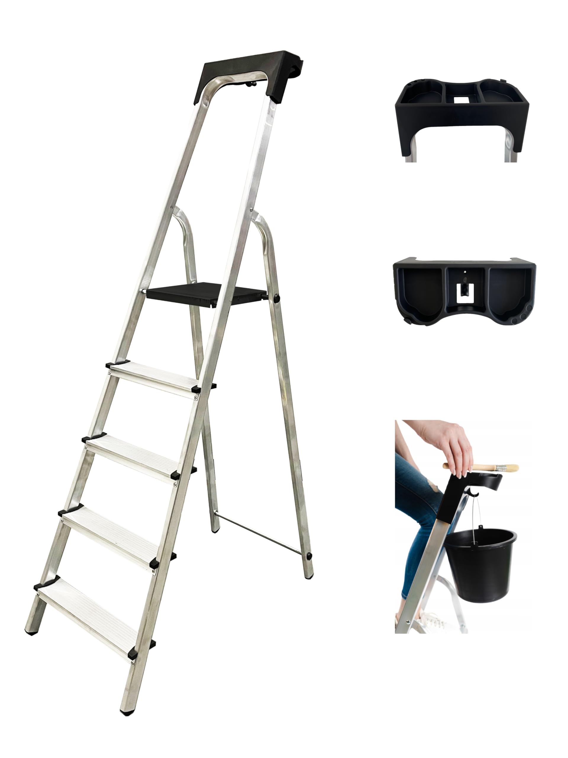 MYPRO ® PREMIUM LINE Aluminium Step Ladder, Lightweight,Portable, Heavy Duty Platform Steps, 3 4 5 6 7 8 Step, EN131 Certified, 150KG Capacity, Ideal for Trade & DIY (5-Step & Tool Tray) — image 1